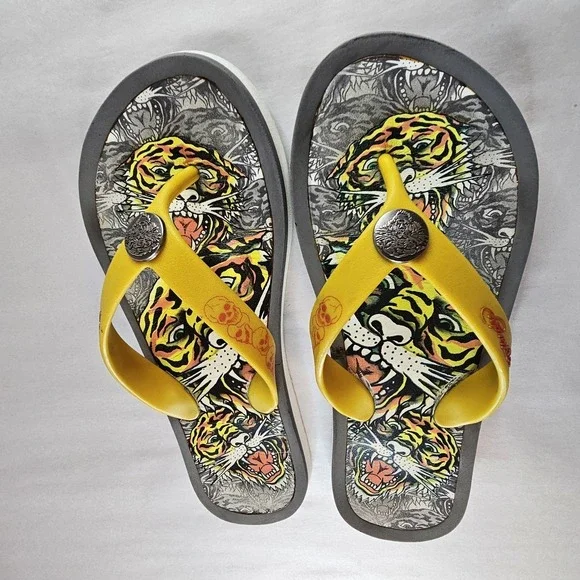 Y2K‎ Ed Hardy Tiger Skull Flip Flop Sandals Yellow Women's Size 5/6 - Picture 11 of 13
